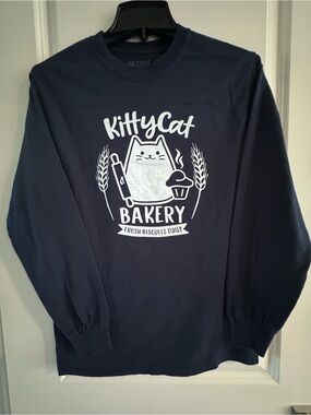 Gildan Navy KittyCat Bakery Long Sleeve Tee with White Graphic